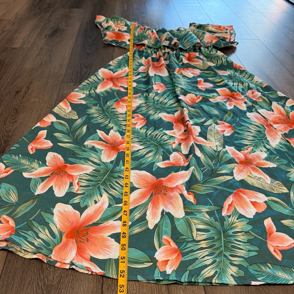 Cupshe Tropical Floral Maxi Dress Green Orange Ruffle Off Shoulder Large Boho - Picture 9 of 15